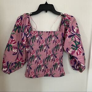 Wayf Pink Floral Puff Sleeve Smocked Top
